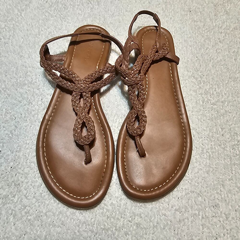 Rampage Womens Brown Braided T Strap Flat Sandals Boho Ankle Strap Sz 7.5